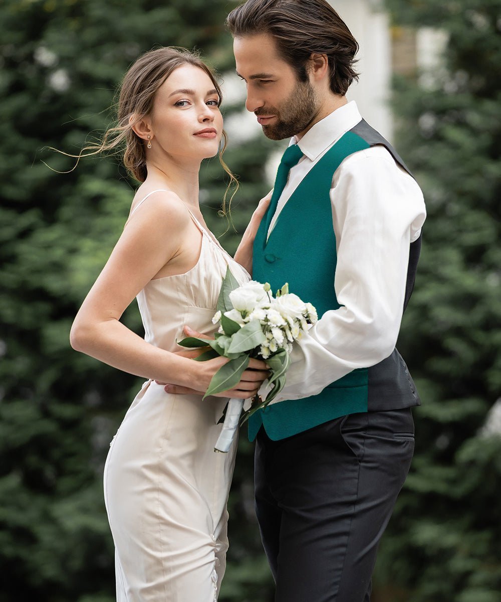 Solid Vest Set with Black Back (Vest, Bow Tie, Necktie and Pocket Square) by Vittorio Farina: Royal Blue, Silver, Teal, Burnt Orange and Wine (vest_plain_BB_tealgreen_XS) for Independent Retail Stores by Dubal Brothers