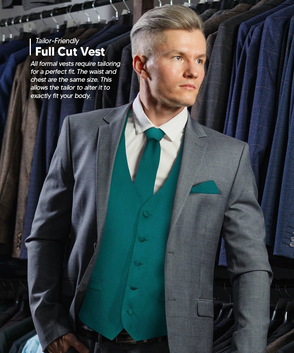 Solid Vest Set with Black Back (Vest, Bow Tie, Necktie and Pocket Square) by Vittorio Farina: Royal Blue, Silver, Teal, Burnt Orange and Wine (vest_plain_BB_tealgreen_XS) for Independent Retail Stores by Dubal Brothers