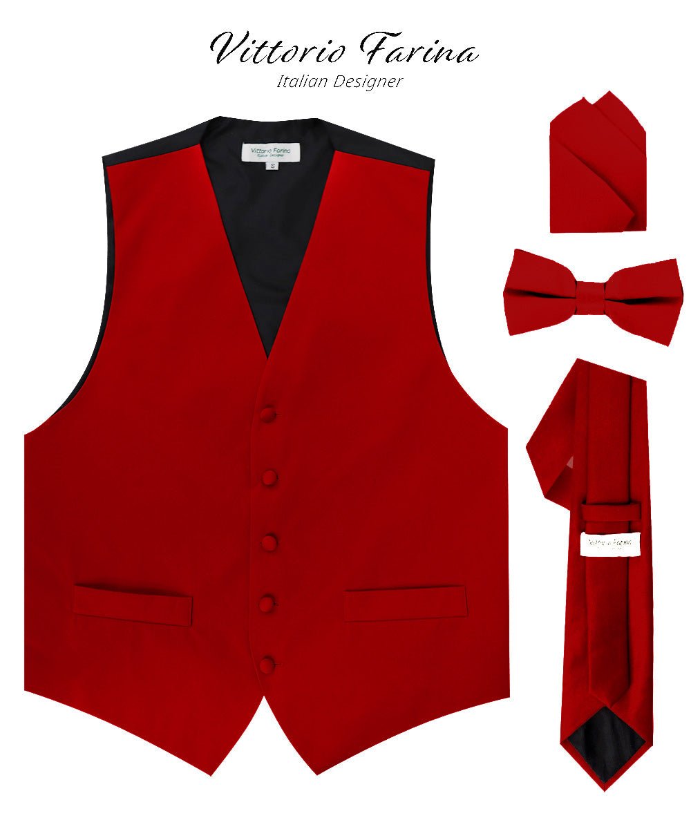 Solid Vest Set with Black Back (Vest, Bow Tie, Necktie and Pocket Square) by Vittorio Farina: Royal Blue, Silver, Teal, Burnt Orange and Wine (vest_plain_BB_wine_XS) for Independent Retail Stores by Dubal Brothers
