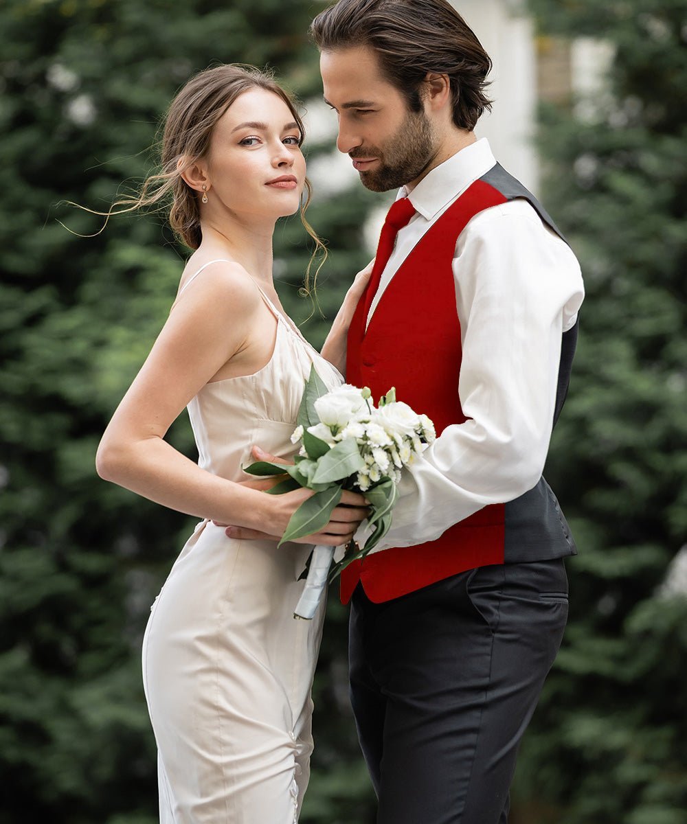 Solid Vest Set with Black Back (Vest, Bow Tie, Necktie and Pocket Square) by Vittorio Farina: Royal Blue, Silver, Teal, Burnt Orange and Wine (vest_plain_BB_wine_XS) for Independent Retail Stores by Dubal Brothers