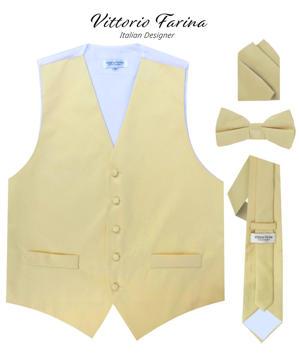 Solid Vest Set with White Back (Vest, Bow Tie, Necktie and Pocket Square) by Vittorio Farina: Beige, Coral, Hot Pink, Lavender, Lemon, Lime and Maize (vest_plain_WB_beige_XS) for Independent Retail Stores by Dubal Brothers