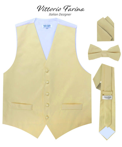 Solid Vest Set with White Back (Vest, Bow Tie, Necktie and Pocket Square) by Vittorio Farina: Beige, Coral, Hot Pink, Lavender, Lemon, Lime and Maize (vest_plain_WB_beige_XS) for Independent Retail Stores by Dubal Brothers