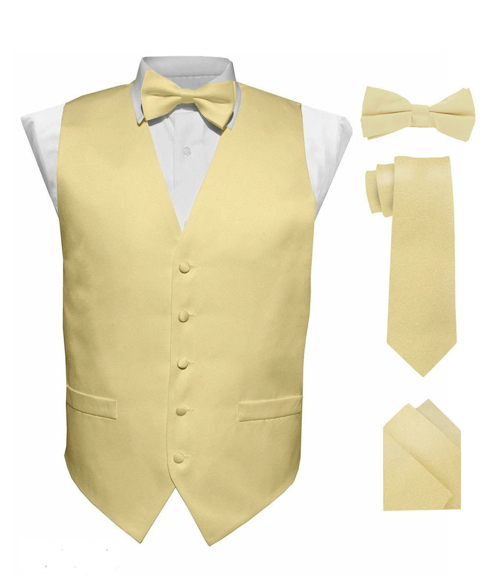 Solid Vest Set with White Back (Vest, Bow Tie, Necktie and Pocket Square) by Vittorio Farina: Beige, Coral, Hot Pink, Lavender, Lemon, Lime and Maize (vest_plain_WB_beige_XS) for Independent Retail Stores by Dubal Brothers