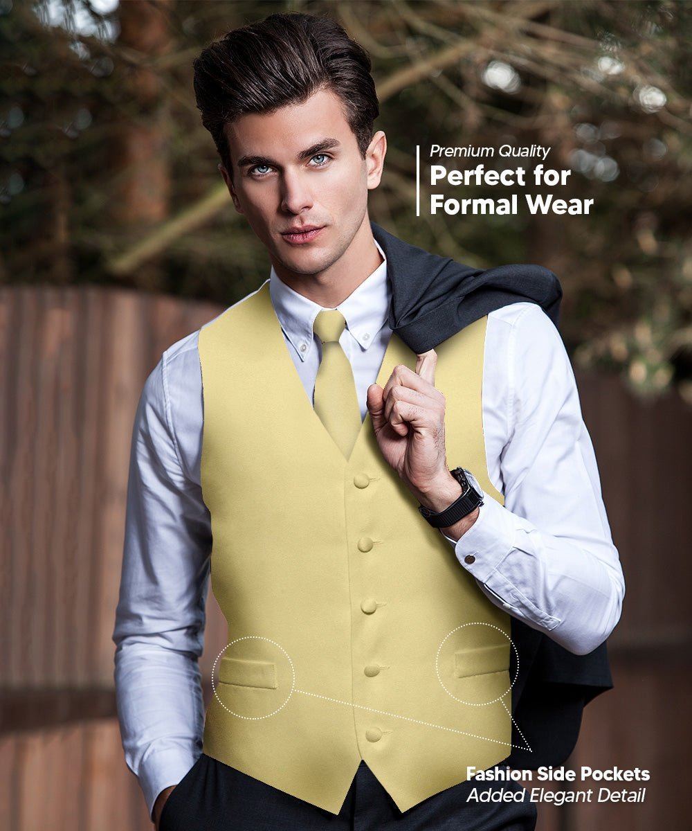Solid Vest Set with White Back (Vest, Bow Tie, Necktie and Pocket Square) by Vittorio Farina: Beige, Coral, Hot Pink, Lavender, Lemon, Lime and Maize (vest_plain_WB_beige_XS) for Independent Retail Stores by Dubal Brothers