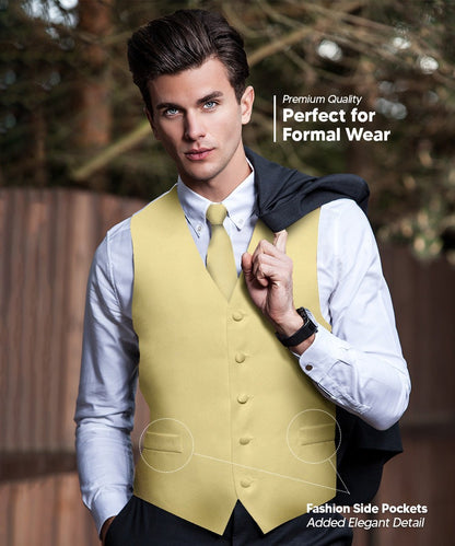 Solid Vest Set with White Back (Vest, Bow Tie, Necktie and Pocket Square) by Vittorio Farina: Beige, Coral, Hot Pink, Lavender, Lemon, Lime and Maize (vest_plain_WB_beige_XS) for Independent Retail Stores by Dubal Brothers