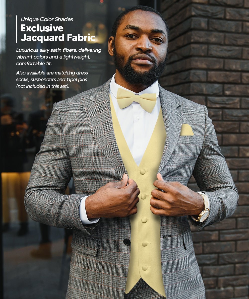 Solid Vest Set with White Back (Vest, Bow Tie, Necktie and Pocket Square) by Vittorio Farina: Beige, Coral, Hot Pink, Lavender, Lemon, Lime and Maize (vest_plain_WB_beige_XS) for Independent Retail Stores by Dubal Brothers