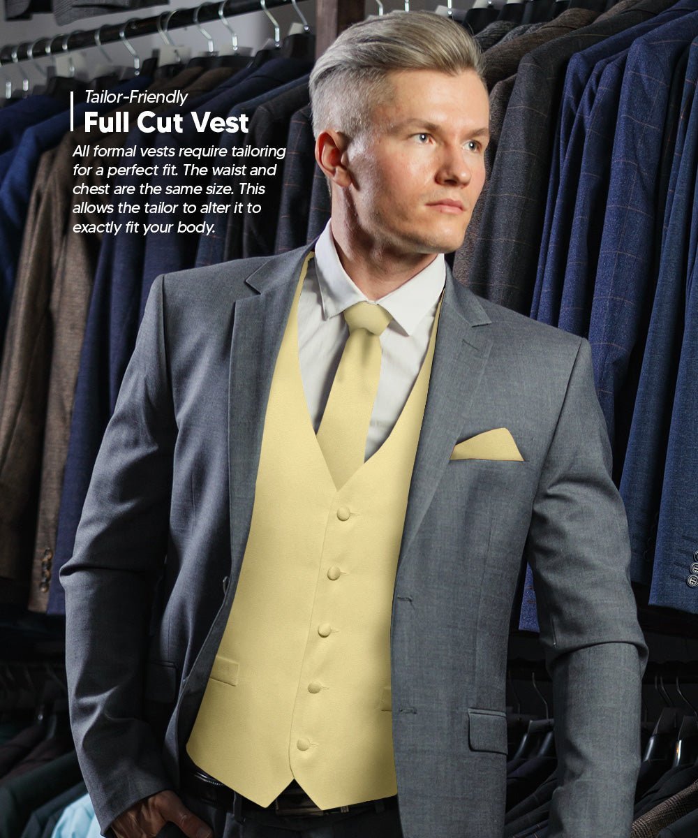 Solid Vest Set with White Back (Vest, Bow Tie, Necktie and Pocket Square) by Vittorio Farina: Beige, Coral, Hot Pink, Lavender, Lemon, Lime and Maize (vest_plain_WB_beige_XS) for Independent Retail Stores by Dubal Brothers