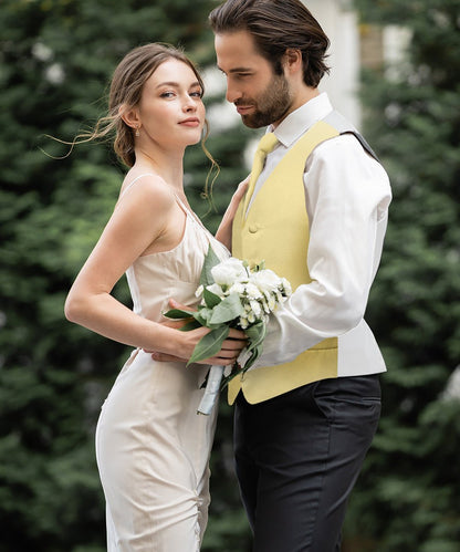 Solid Vest Set with White Back (Vest, Bow Tie, Necktie and Pocket Square) by Vittorio Farina: Beige, Coral, Hot Pink, Lavender, Lemon, Lime and Maize (vest_plain_WB_beige_XS) for Independent Retail Stores by Dubal Brothers