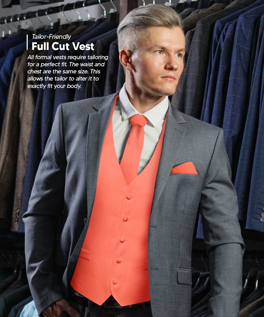 Solid Vest Set with White Back (Vest, Bow Tie, Necktie and Pocket Square) by Vittorio Farina: Beige, Coral, Hot Pink, Lavender, Lemon, Lime and Maize (vest_plain_WB_coral_XS) for Independent Retail Stores by Dubal Brothers