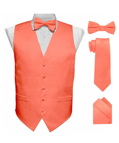 Solid Vest Set with White Back (Vest, Bow Tie, Necktie and Pocket Square) by Vittorio Farina: Beige, Coral, Hot Pink, Lavender, Lemon, Lime and Maize (vest_plain_WB_coral_XS) for Independent Retail Stores by Dubal Brothers