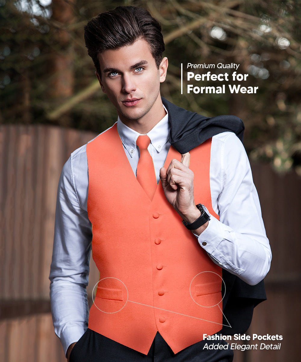 Solid Vest Set with White Back (Vest, Bow Tie, Necktie and Pocket Square) by Vittorio Farina: Beige, Coral, Hot Pink, Lavender, Lemon, Lime and Maize (vest_plain_WB_coral_XS) for Independent Retail Stores by Dubal Brothers