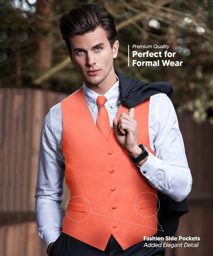 Solid Vest Set with White Back (Vest, Bow Tie, Necktie and Pocket Square) by Vittorio Farina: Beige, Coral, Hot Pink, Lavender, Lemon, Lime and Maize (vest_plain_WB_coral_XS) for Independent Retail Stores by Dubal Brothers