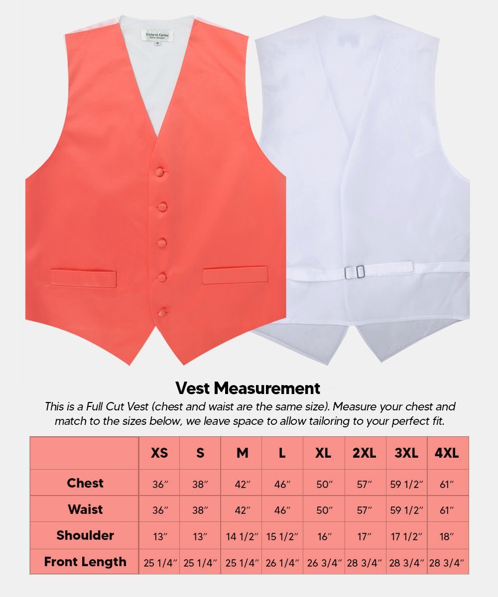 Solid Vest Set with White Back (Vest, Bow Tie, Necktie and Pocket Square) by Vittorio Farina: Beige, Coral, Hot Pink, Lavender, Lemon, Lime and Maize (vest_plain_WB_coral_XS) for Independent Retail Stores by Dubal Brothers