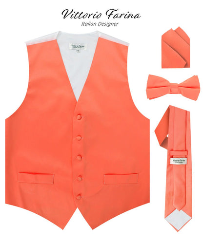 Solid Vest Set with White Back (Vest, Bow Tie, Necktie and Pocket Square) by Vittorio Farina: Beige, Coral, Hot Pink, Lavender, Lemon, Lime and Maize (vest_plain_WB_coral_XS) for Independent Retail Stores by Dubal Brothers