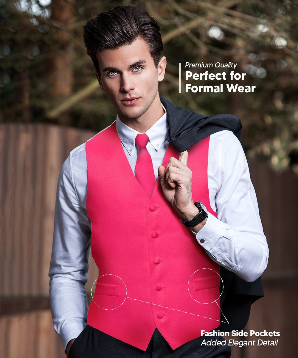 Solid Vest Set with White Back (Vest, Bow Tie, Necktie and Pocket Square) by Vittorio Farina: Beige, Coral, Hot Pink, Lavender, Lemon, Lime and Maize (vest_plain_WB_hotpink_XS) for Independent Retail Stores by Dubal Brothers