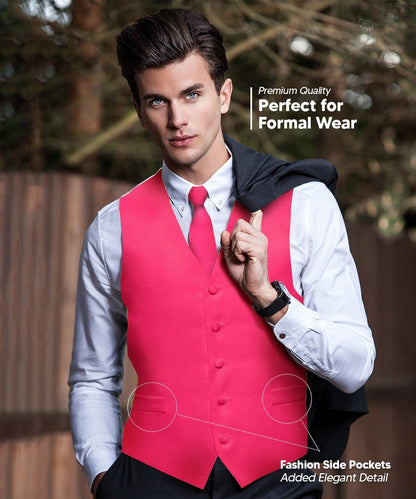 Solid Vest Set with White Back (Vest, Bow Tie, Necktie and Pocket Square) by Vittorio Farina: Beige, Coral, Hot Pink, Lavender, Lemon, Lime and Maize (vest_plain_WB_hotpink_XS) for Independent Retail Stores by Dubal Brothers