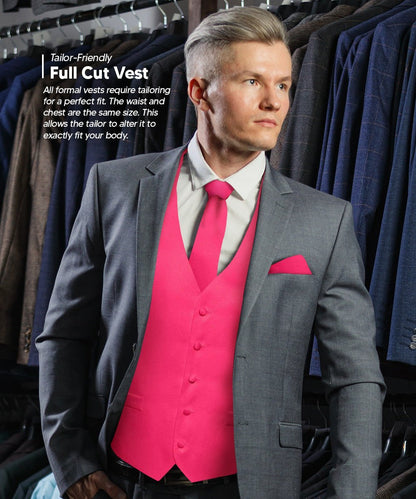 Solid Vest Set with White Back (Vest, Bow Tie, Necktie and Pocket Square) by Vittorio Farina: Beige, Coral, Hot Pink, Lavender, Lemon, Lime and Maize (vest_plain_WB_hotpink_XS) for Independent Retail Stores by Dubal Brothers