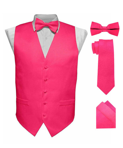 Solid Vest Set with White Back (Vest, Bow Tie, Necktie and Pocket Square) by Vittorio Farina: Beige, Coral, Hot Pink, Lavender, Lemon, Lime and Maize (vest_plain_WB_hotpink_XS) for Independent Retail Stores by Dubal Brothers