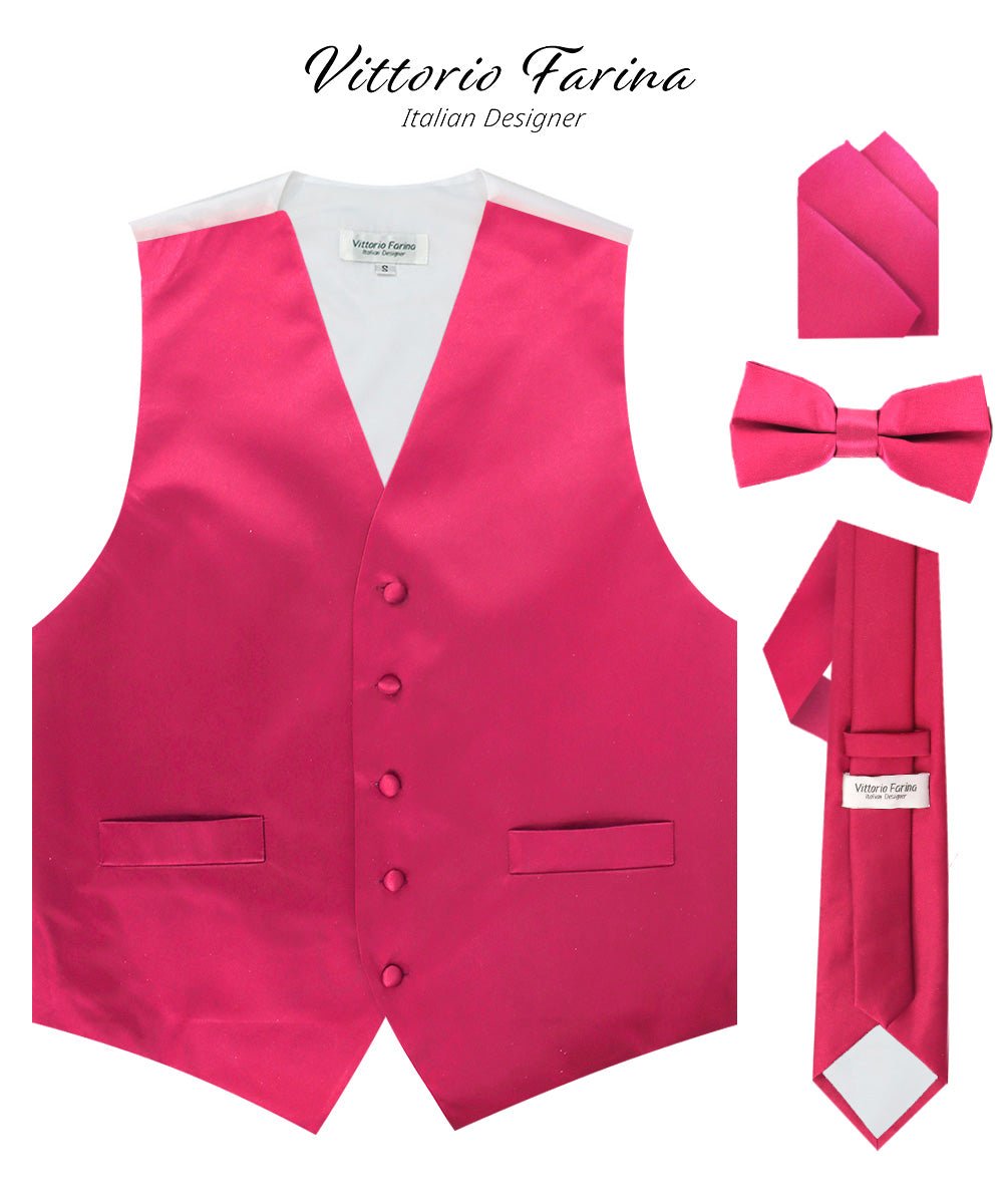 Solid Vest Set with White Back (Vest, Bow Tie, Necktie and Pocket Square) by Vittorio Farina: Beige, Coral, Hot Pink, Lavender, Lemon, Lime and Maize (vest_plain_WB_hotpink_XS) for Independent Retail Stores by Dubal Brothers