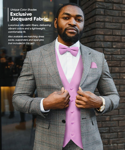 Solid Vest Set with White Back (Vest, Bow Tie, Necktie and Pocket Square) by Vittorio Farina: Beige, Coral, Hot Pink, Lavender, Lemon, Lime and Maize (vest_plain_WB_lavender_XS) for Independent Retail Stores by Dubal Brothers