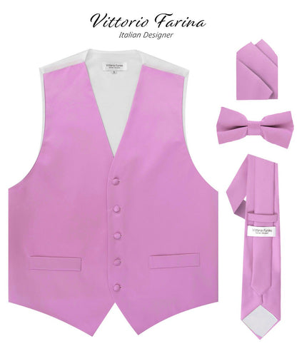 Solid Vest Set with White Back (Vest, Bow Tie, Necktie and Pocket Square) by Vittorio Farina: Beige, Coral, Hot Pink, Lavender, Lemon, Lime and Maize (vest_plain_WB_lavender_XS) for Independent Retail Stores by Dubal Brothers