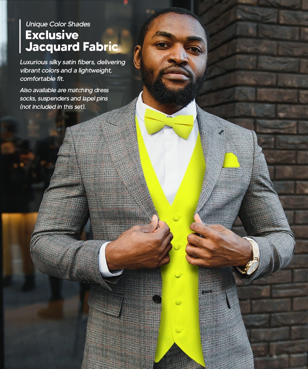 Solid Vest Set with White Back (Vest, Bow Tie, Necktie and Pocket Square) by Vittorio Farina: Beige, Coral, Hot Pink, Lavender, Lemon, Lime and Maize (vest_plain_WB_lemon_XS) for Independent Retail Stores by Dubal Brothers