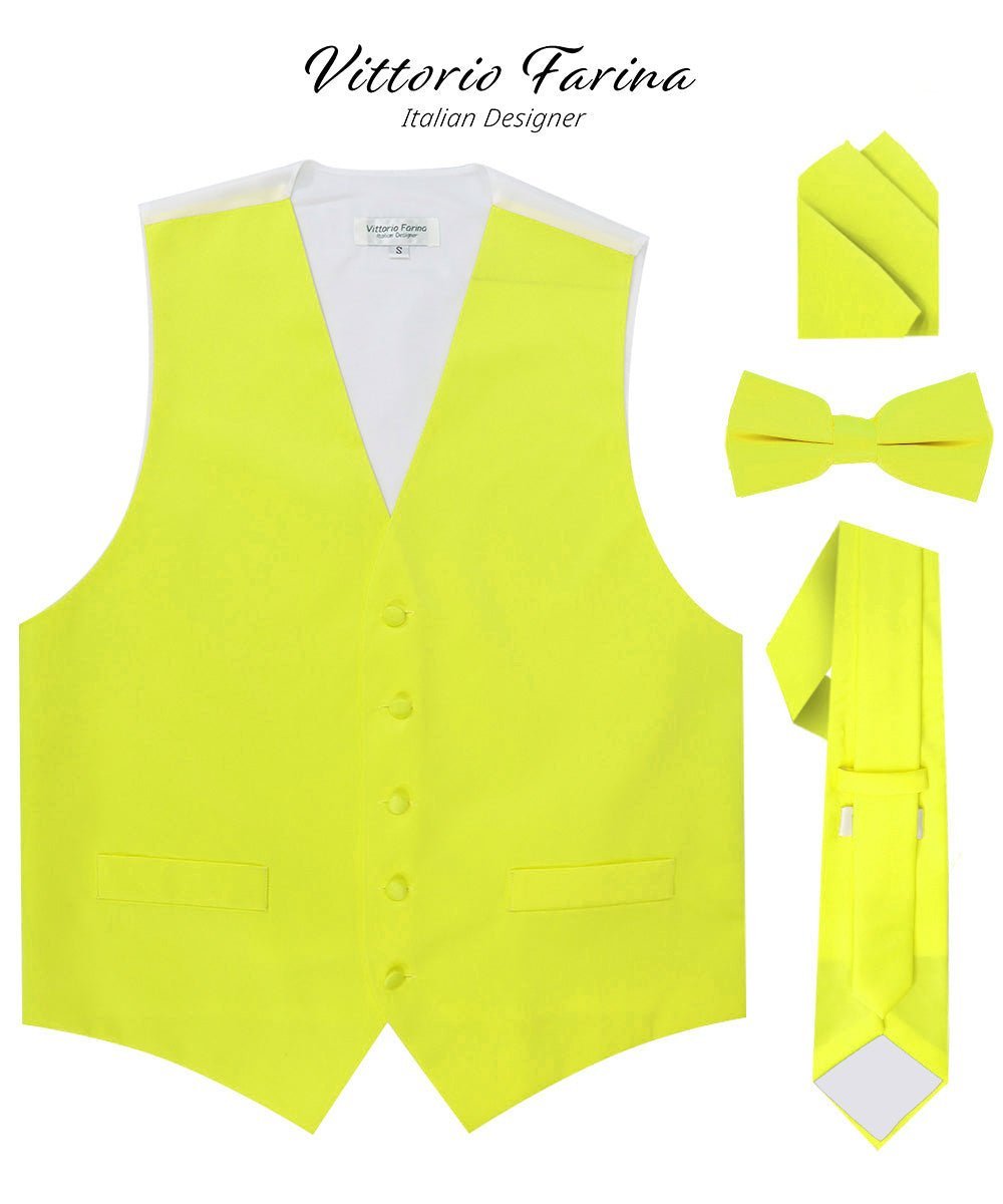 Solid Vest Set with White Back (Vest, Bow Tie, Necktie and Pocket Square) by Vittorio Farina: Beige, Coral, Hot Pink, Lavender, Lemon, Lime and Maize (vest_plain_WB_lemon_XS) for Independent Retail Stores by Dubal Brothers