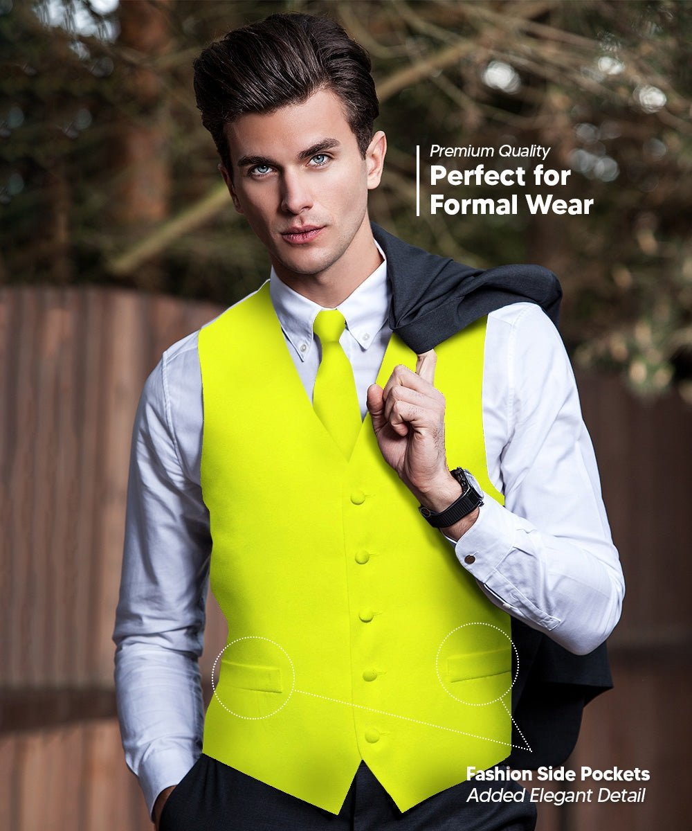 Solid Vest Set with White Back (Vest, Bow Tie, Necktie and Pocket Square) by Vittorio Farina: Beige, Coral, Hot Pink, Lavender, Lemon, Lime and Maize (vest_plain_WB_lemon_XS) for Independent Retail Stores by Dubal Brothers