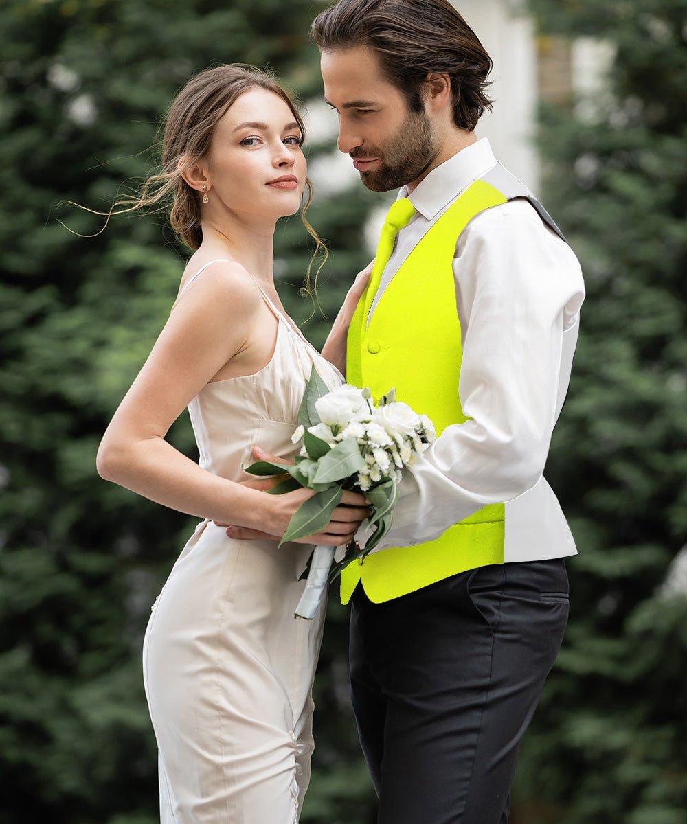 Solid Vest Set with White Back (Vest, Bow Tie, Necktie and Pocket Square) by Vittorio Farina: Beige, Coral, Hot Pink, Lavender, Lemon, Lime and Maize (vest_plain_WB_lemon_XS) for Independent Retail Stores by Dubal Brothers