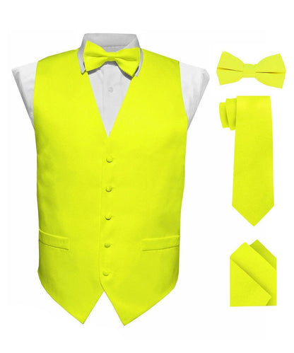 Solid Vest Set with White Back (Vest, Bow Tie, Necktie and Pocket Square) by Vittorio Farina: Beige, Coral, Hot Pink, Lavender, Lemon, Lime and Maize (vest_plain_WB_lemon_XS) for Independent Retail Stores by Dubal Brothers