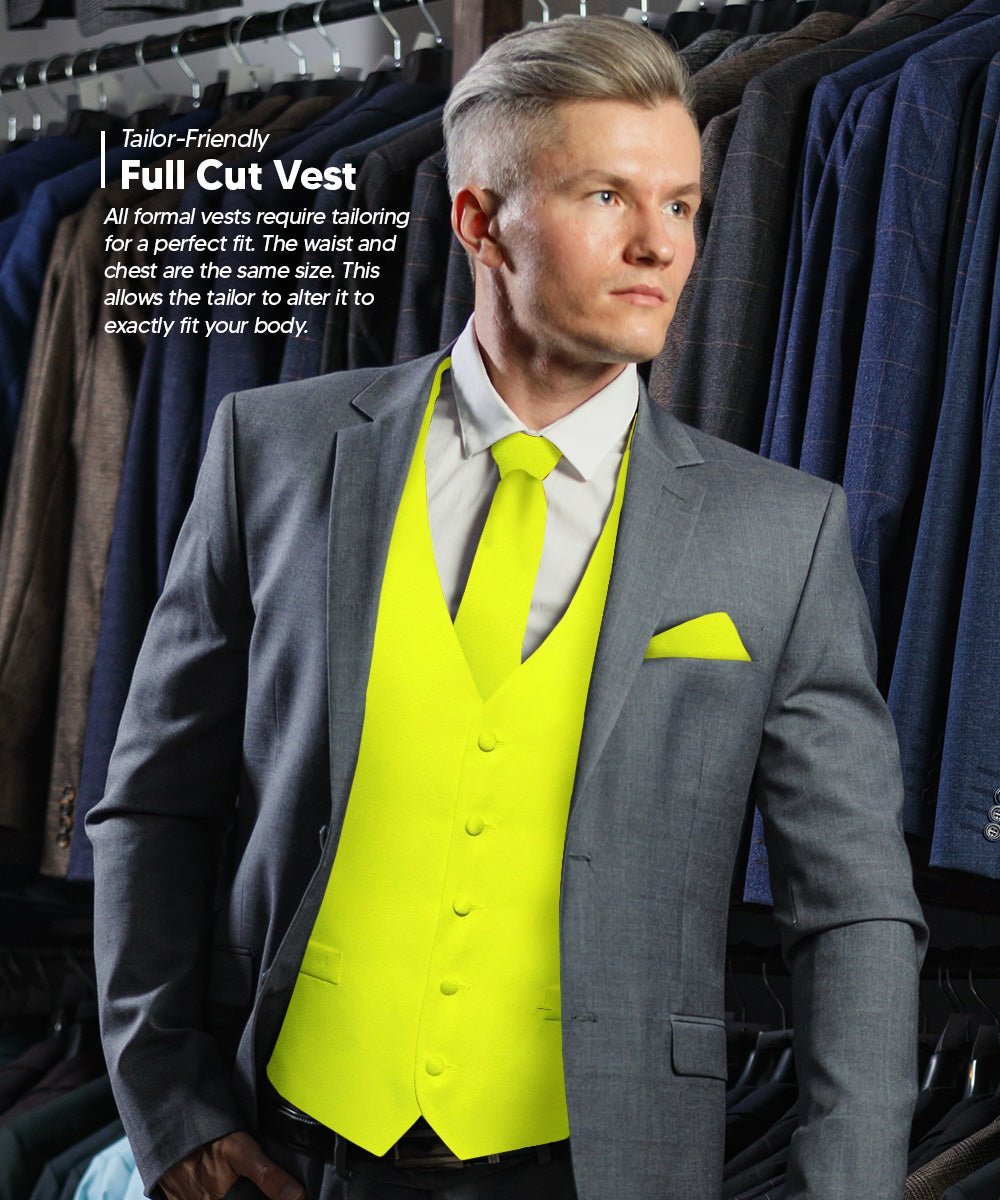 Solid Vest Set with White Back (Vest, Bow Tie, Necktie and Pocket Square) by Vittorio Farina: Beige, Coral, Hot Pink, Lavender, Lemon, Lime and Maize (vest_plain_WB_lemon_XS) for Independent Retail Stores by Dubal Brothers