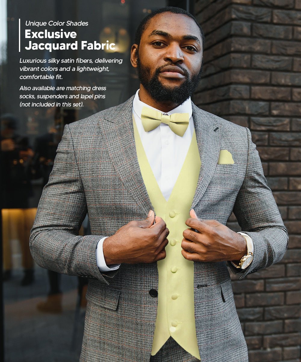 Solid Vest Set with White Back (Vest, Bow Tie, Necktie and Pocket Square) by Vittorio Farina: Beige, Coral, Hot Pink, Lavender, Lemon, Lime and Maize (vest_plain_WB_maize_XS) for Independent Retail Stores by Dubal Brothers