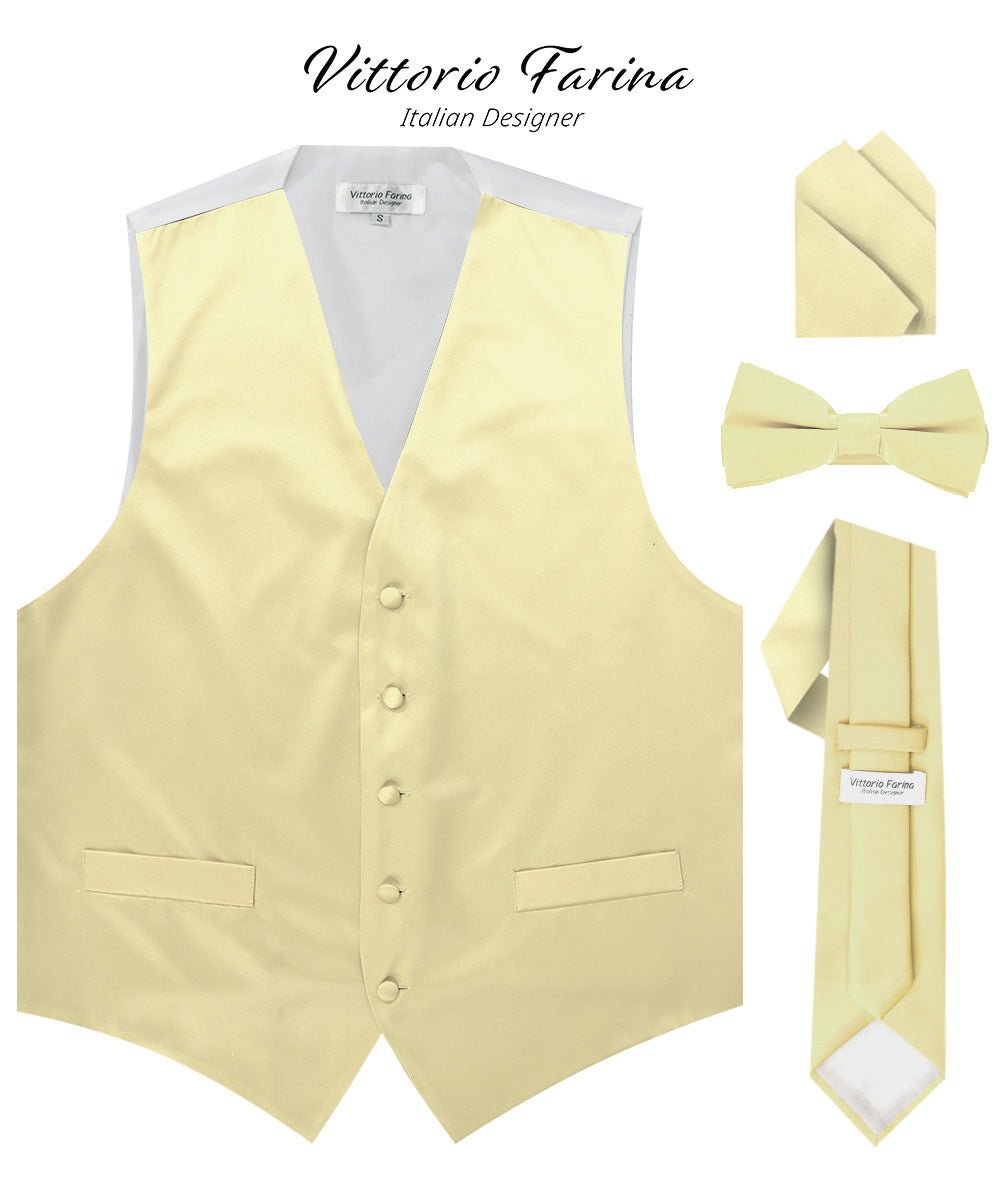 Solid Vest Set with White Back (Vest, Bow Tie, Necktie and Pocket Square) by Vittorio Farina: Beige, Coral, Hot Pink, Lavender, Lemon, Lime and Maize (vest_plain_WB_maize_XS) for Independent Retail Stores by Dubal Brothers