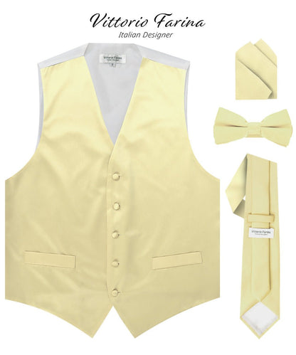 Solid Vest Set with White Back (Vest, Bow Tie, Necktie and Pocket Square) by Vittorio Farina: Beige, Coral, Hot Pink, Lavender, Lemon, Lime and Maize (vest_plain_WB_maize_XS) for Independent Retail Stores by Dubal Brothers