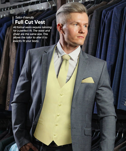 Solid Vest Set with White Back (Vest, Bow Tie, Necktie and Pocket Square) by Vittorio Farina: Beige, Coral, Hot Pink, Lavender, Lemon, Lime and Maize (vest_plain_WB_maize_XS) for Independent Retail Stores by Dubal Brothers