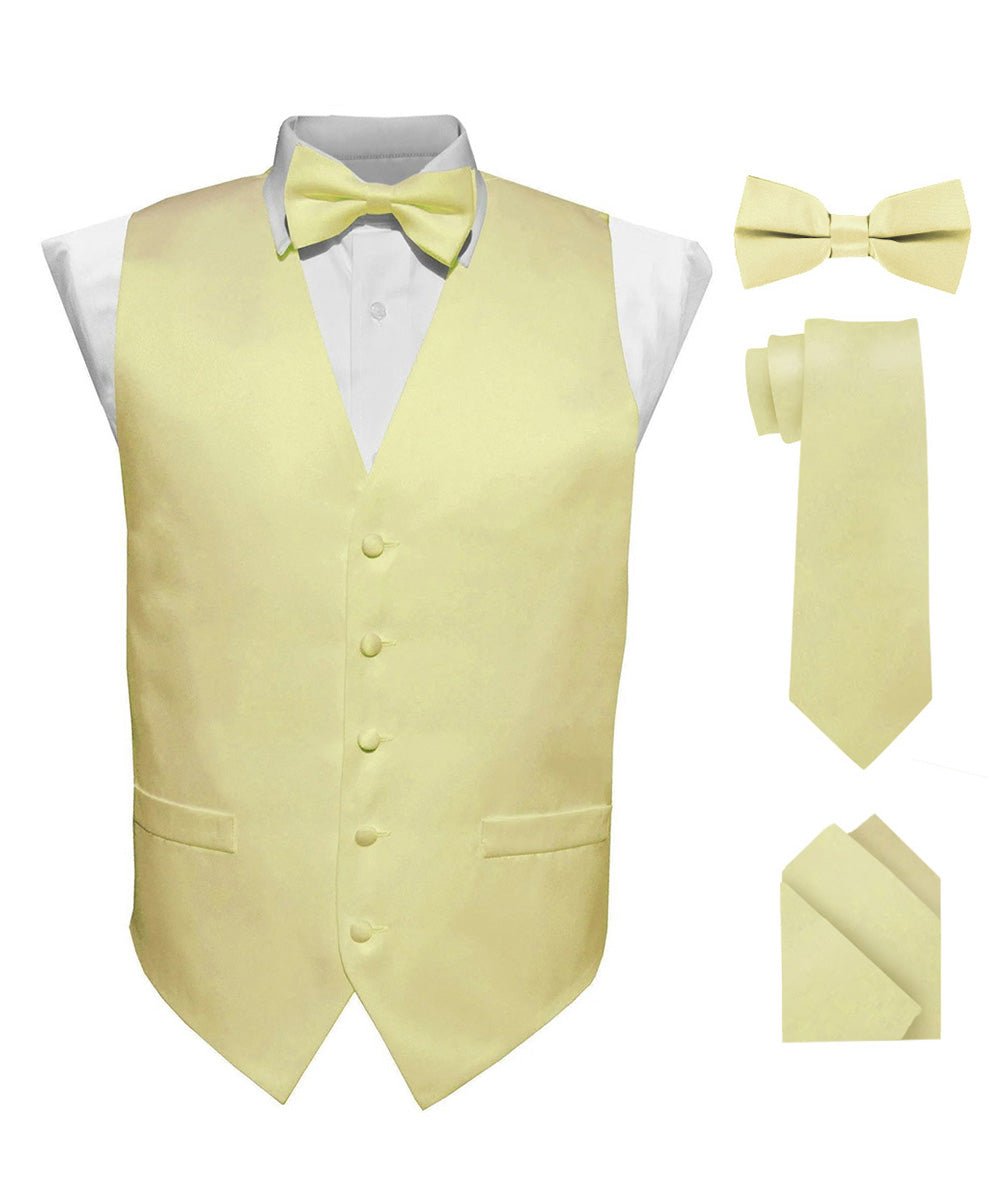 Solid Vest Set with White Back (Vest, Bow Tie, Necktie and Pocket Square) by Vittorio Farina: Beige, Coral, Hot Pink, Lavender, Lemon, Lime and Maize (vest_plain_WB_maize_XS) for Independent Retail Stores by Dubal Brothers