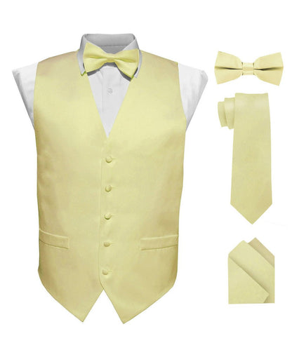 Solid Vest Set with White Back (Vest, Bow Tie, Necktie and Pocket Square) by Vittorio Farina: Beige, Coral, Hot Pink, Lavender, Lemon, Lime and Maize (vest_plain_WB_maize_XS) for Independent Retail Stores by Dubal Brothers