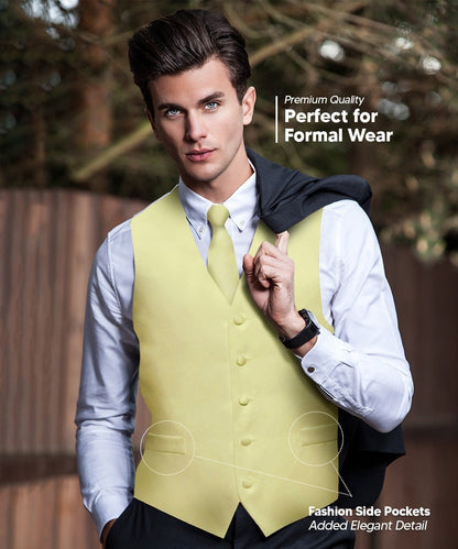Solid Vest Set with White Back (Vest, Bow Tie, Necktie and Pocket Square) by Vittorio Farina: Beige, Coral, Hot Pink, Lavender, Lemon, Lime and Maize (vest_plain_WB_maize_XS) for Independent Retail Stores by Dubal Brothers