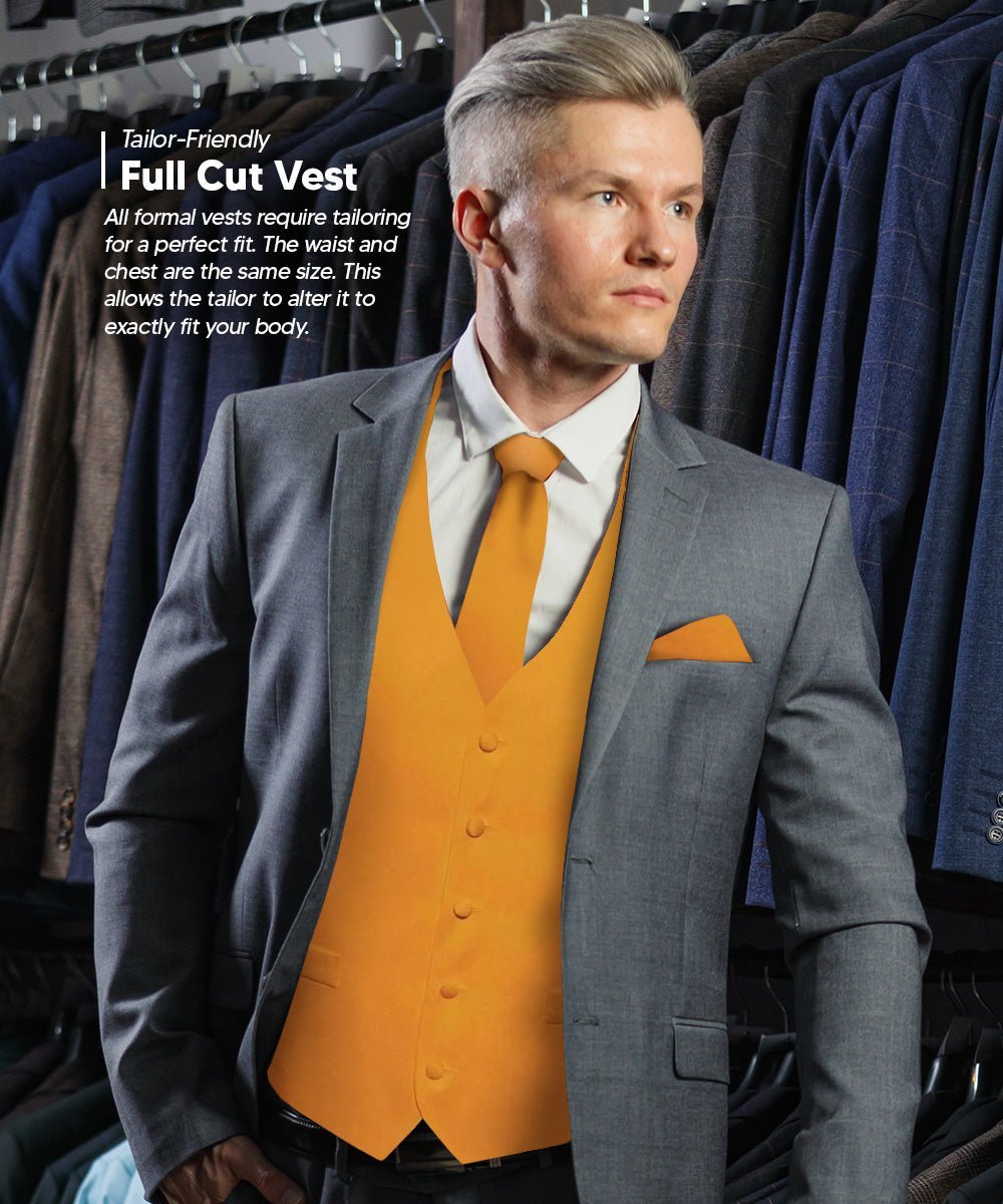 Solid Vest Set with White Back (Vest, Bow Tie, Necktie and Pocket Square) by Vittorio Farina: Mustard, Orange, Pink, Silver, Turquoise, White and Yellow (vest_plain_WB_mustard_XS) for Independent Retail Stores by Dubal Brothers