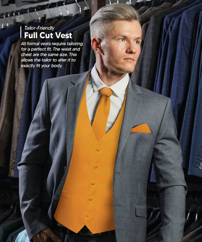 Solid Vest Set with White Back (Vest, Bow Tie, Necktie and Pocket Square) by Vittorio Farina: Mustard, Orange, Pink, Silver, Turquoise, White and Yellow (vest_plain_WB_mustard_XS) for Independent Retail Stores by Dubal Brothers