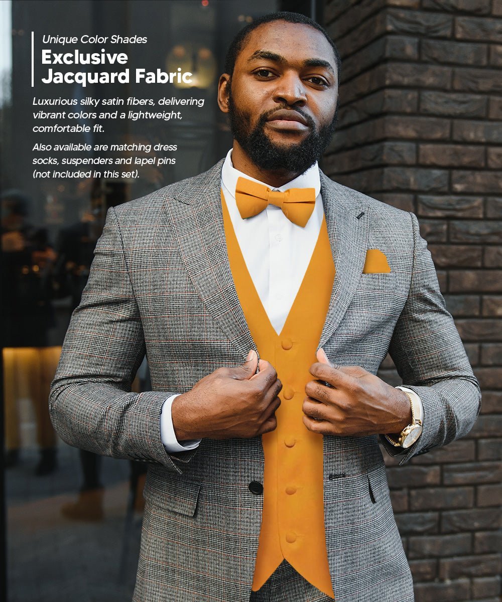 Solid Vest Set with White Back (Vest, Bow Tie, Necktie and Pocket Square) by Vittorio Farina: Mustard, Orange, Pink, Silver, Turquoise, White and Yellow (vest_plain_WB_mustard_XS) for Independent Retail Stores by Dubal Brothers