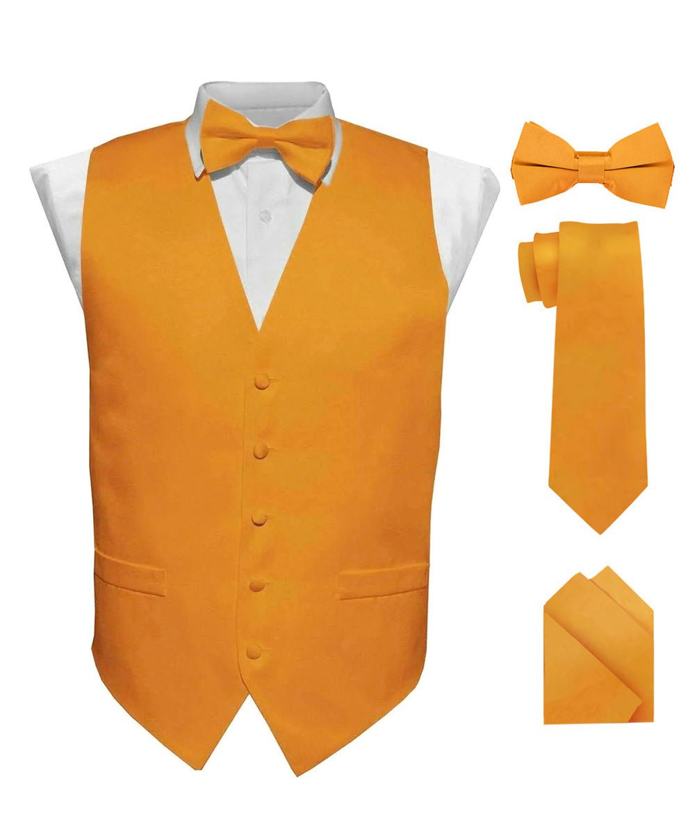 Solid Vest Set with White Back (Vest, Bow Tie, Necktie and Pocket Square) by Vittorio Farina: Mustard, Orange, Pink, Silver, Turquoise, White and Yellow (vest_plain_WB_mustard_XS) for Independent Retail Stores by Dubal Brothers