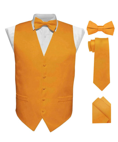 Solid Vest Set with White Back (Vest, Bow Tie, Necktie and Pocket Square) by Vittorio Farina: Mustard, Orange, Pink, Silver, Turquoise, White and Yellow (vest_plain_WB_mustard_XS) for Independent Retail Stores by Dubal Brothers