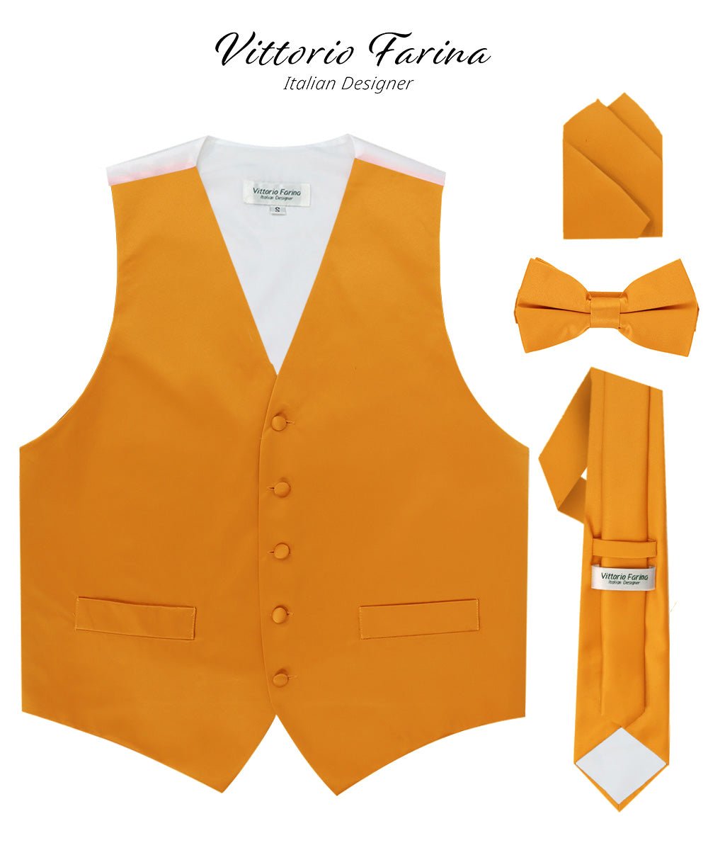 Solid Vest Set with White Back (Vest, Bow Tie, Necktie and Pocket Square) by Vittorio Farina: Mustard, Orange, Pink, Silver, Turquoise, White and Yellow (vest_plain_WB_mustard_XS) for Independent Retail Stores by Dubal Brothers