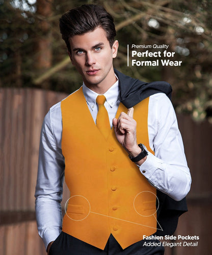 Solid Vest Set with White Back (Vest, Bow Tie, Necktie and Pocket Square) by Vittorio Farina: Mustard, Orange, Pink, Silver, Turquoise, White and Yellow (vest_plain_WB_mustard_XS) for Independent Retail Stores by Dubal Brothers