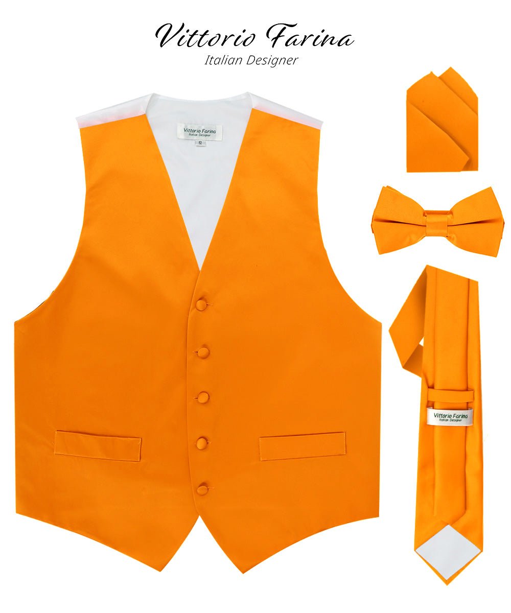 Solid Vest Set with White Back (Vest, Bow Tie, Necktie and Pocket Square) by Vittorio Farina: Mustard, Orange, Pink, Silver, Turquoise, White and Yellow (vest_plain_WB_orange_XS) for Independent Retail Stores by Dubal Brothers