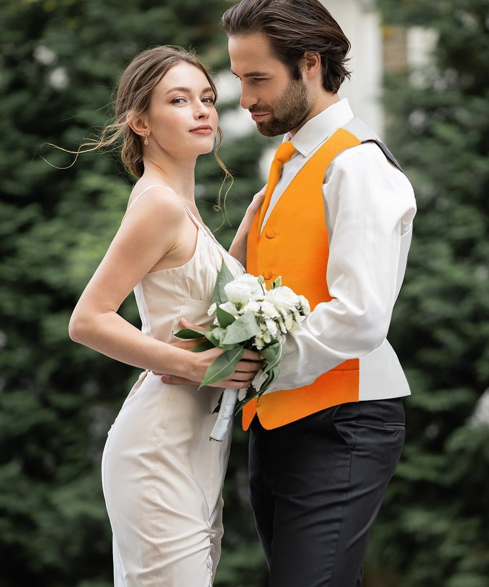 Solid Vest Set with White Back (Vest, Bow Tie, Necktie and Pocket Square) by Vittorio Farina: Mustard, Orange, Pink, Silver, Turquoise, White and Yellow (vest_plain_WB_orange_XS) for Independent Retail Stores by Dubal Brothers