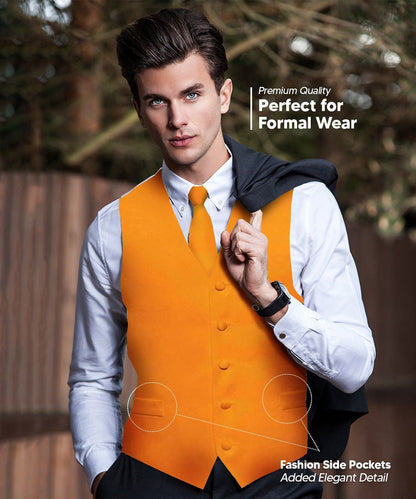 Solid Vest Set with White Back (Vest, Bow Tie, Necktie and Pocket Square) by Vittorio Farina: Mustard, Orange, Pink, Silver, Turquoise, White and Yellow (vest_plain_WB_orange_XS) for Independent Retail Stores by Dubal Brothers