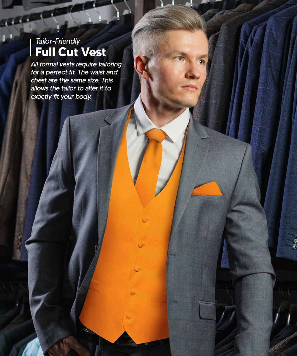 Solid Vest Set with White Back (Vest, Bow Tie, Necktie and Pocket Square) by Vittorio Farina: Mustard, Orange, Pink, Silver, Turquoise, White and Yellow (vest_plain_WB_orange_XS) for Independent Retail Stores by Dubal Brothers