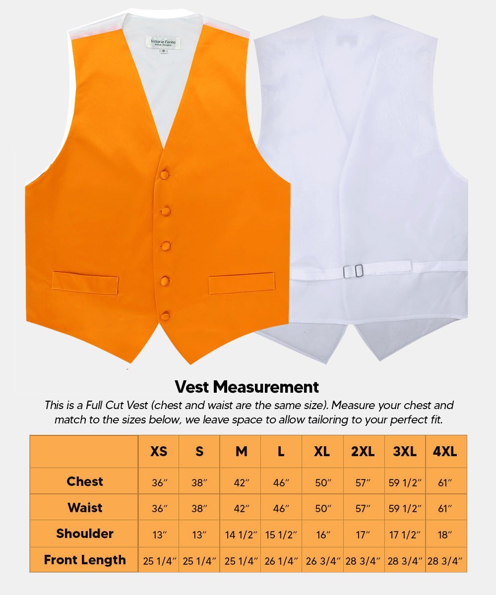 Solid Vest Set with White Back (Vest, Bow Tie, Necktie and Pocket Square) by Vittorio Farina: Mustard, Orange, Pink, Silver, Turquoise, White and Yellow (vest_plain_WB_orange_XS) for Independent Retail Stores by Dubal Brothers